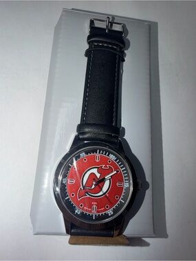 NHL Red Dial Watch with Black Leather Strap